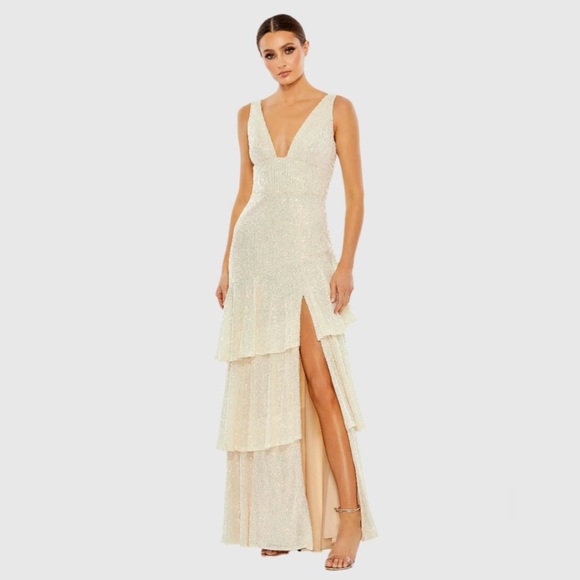 Mac Duggal Iridescent Sequin Asymmetrical Ruffle Tiered Gown size 6. - Picture 1 of 10